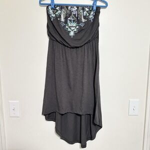 Express hi low aztec sequin strapless gray blue dress small Southwestern Western